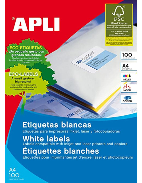 ETIQUETAS ADH.IMPR.APLI A4 BLANCA C.RECTOS CAJA 10